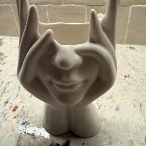 Sculpted Hand Vase with Happy Face – Modern Home Accent